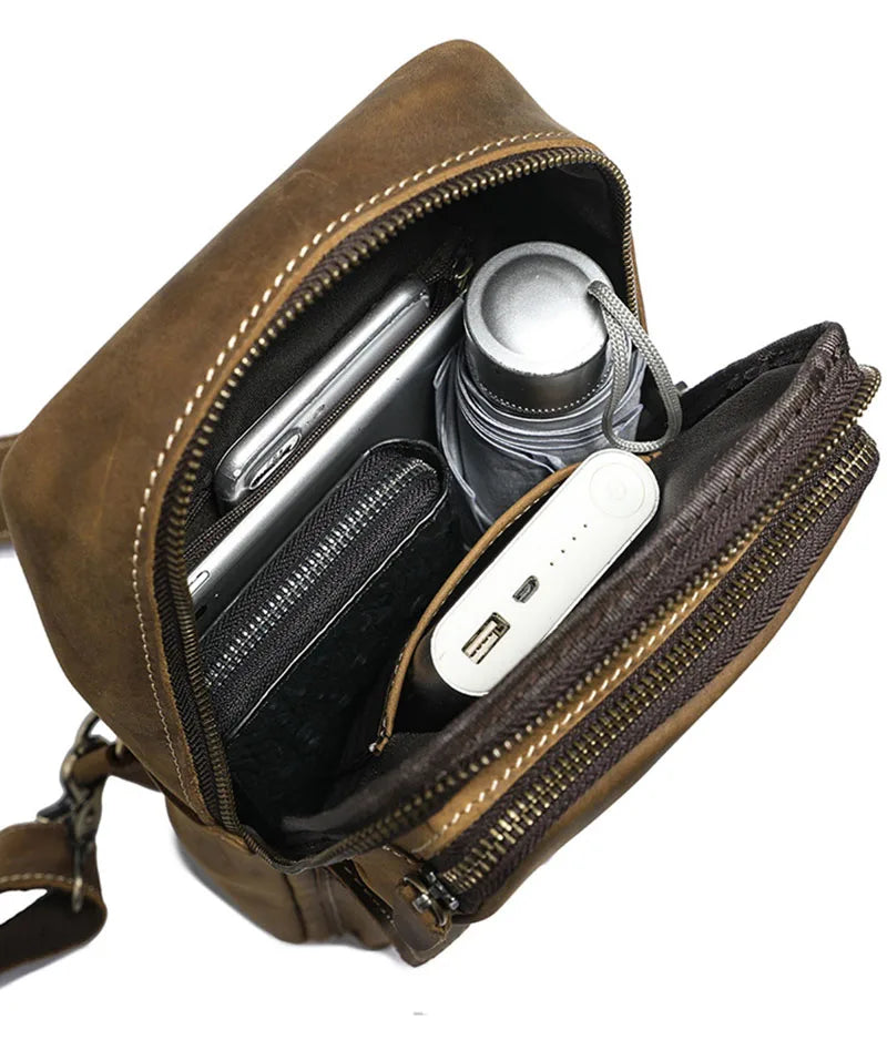 Luufan Genuine Leather Chest Bag Men Shoulder Sling Bag Male Vintage Crazy Horse Chest Pack Large Capacity Men Riding Bag