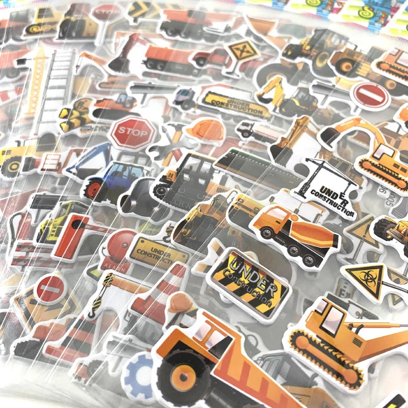 12 Sheets/Set Engineering Vehicle Excavator Cars Cartoon Bubble Sticker for Kids Boys Scrapbooking Cognitive Educational Toys