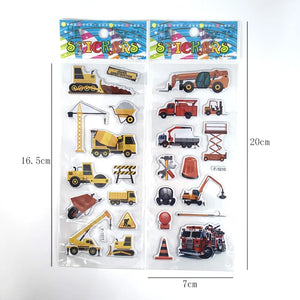 12 Sheets/Set Engineering Vehicle Excavator Cars Cartoon Bubble Sticker for Kids Boys Scrapbooking Cognitive Educational Toys