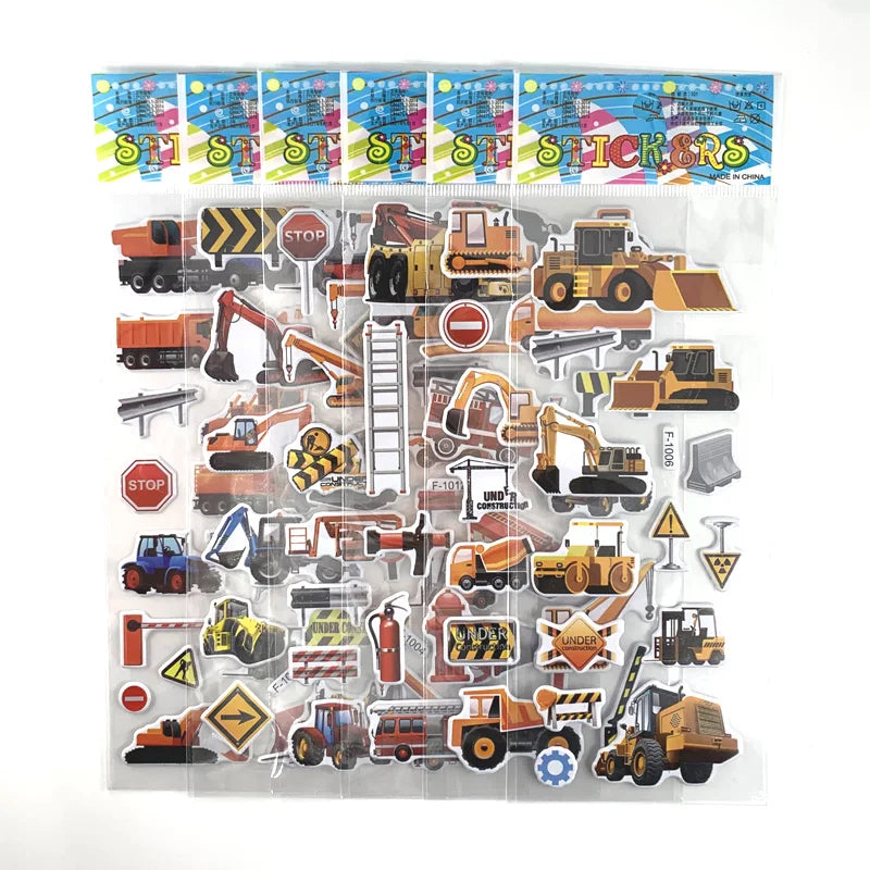 12 Sheets/Set Engineering Vehicle Excavator Cars Cartoon Bubble Sticker for Kids Boys Scrapbooking Cognitive Educational Toys